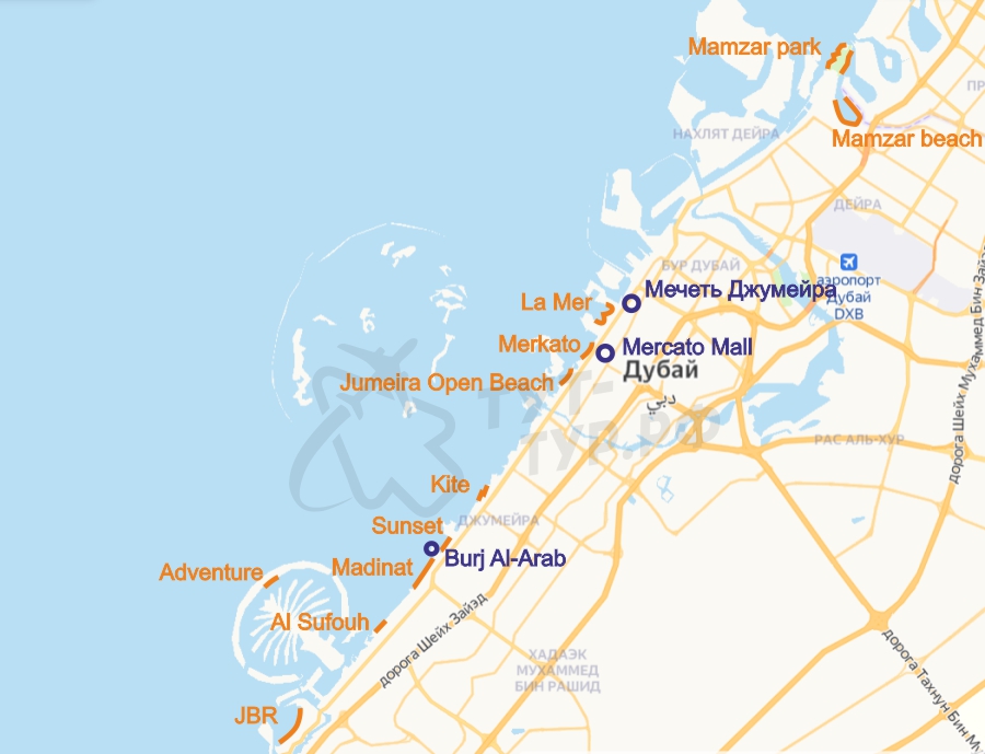 Пляжи Дубая на карте