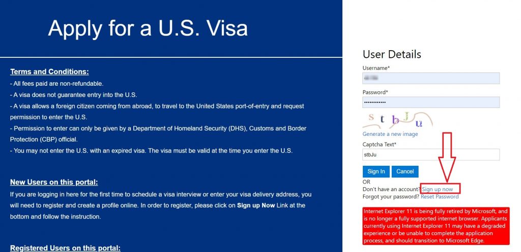 Страница входа нового портала для записи на визу США