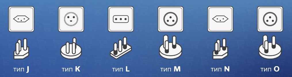 Розетки типа J, K, L, M, N, O